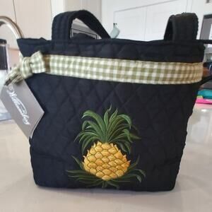 Black Quilted Embroidered Pineapple Tote NWT
